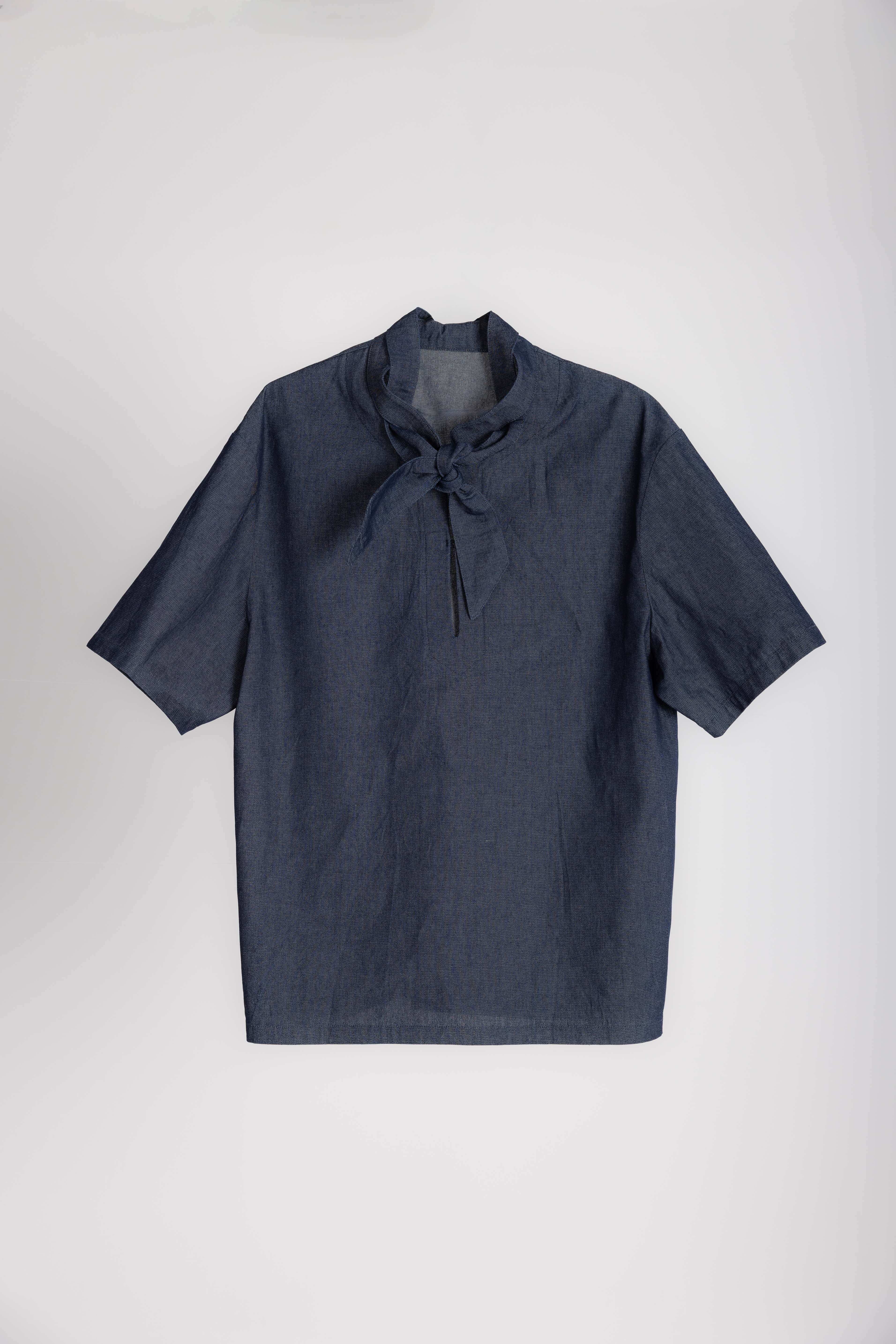 Denim Tie Neck Pullover Shirt