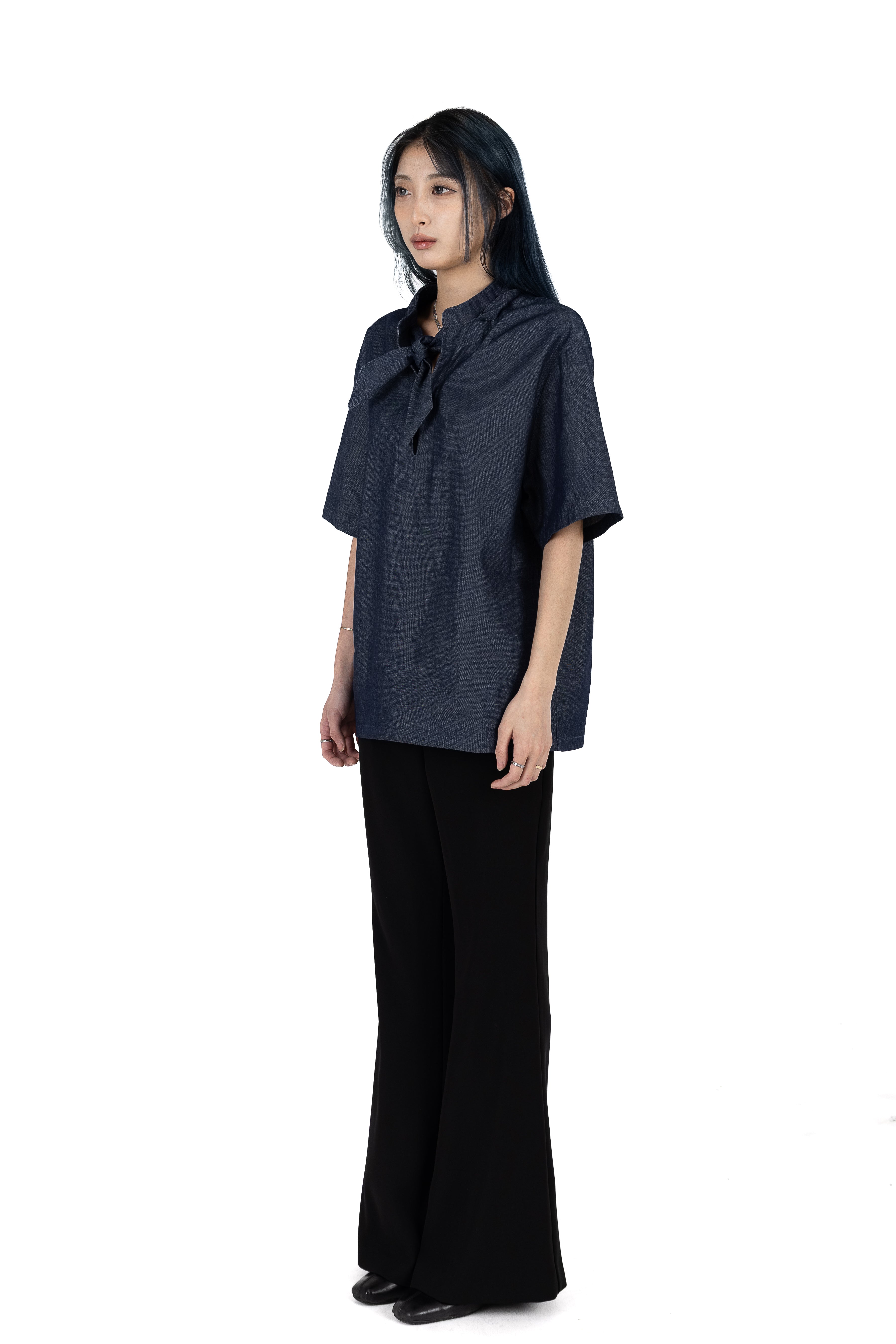 Denim Tie Neck Pullover Shirt