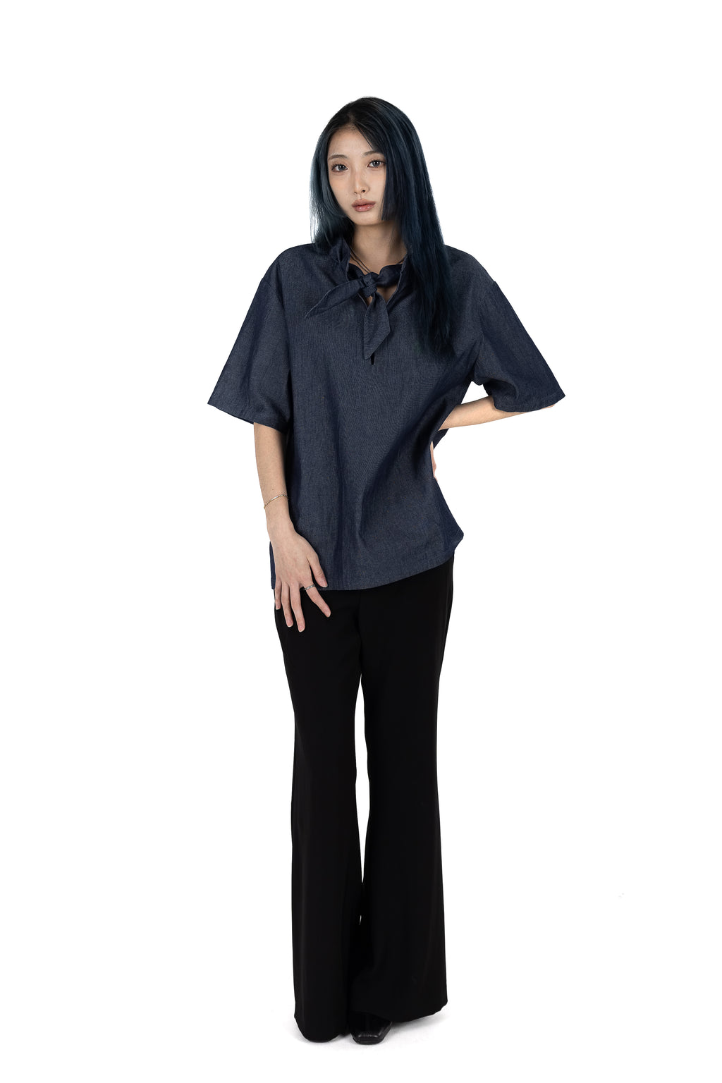 Denim Tie Neck Pullover Shirt