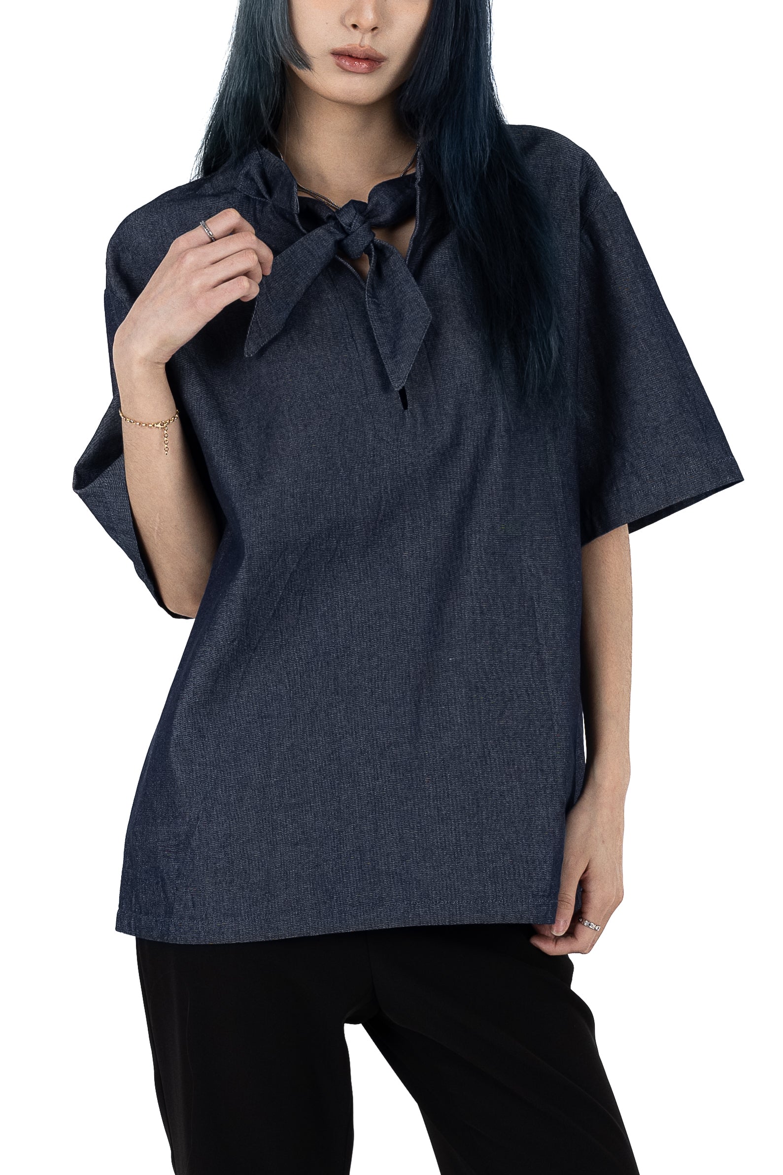 Denim Tie Neck Pullover Shirt